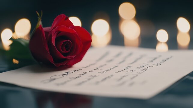 Red rose lying on a handwritten note with a blurred background of candle lights