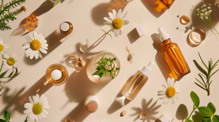 Organic natural science-inspired beauty product display with eco-friendly ingredients, botanical elements, and minimalist aesthetic in soft earth tones