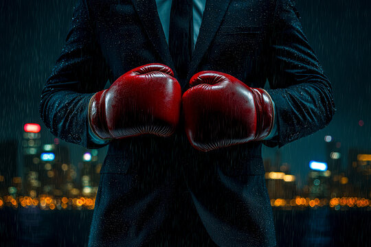Corporate Fighter Businessman Ready to Take on the Stormy Cityscape in Boxing Gloves