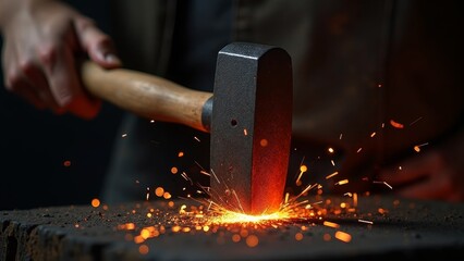 Vivid action shot of hammer striking metal in blacksmith workshop, showcasing bright sparks and craftsmanship.