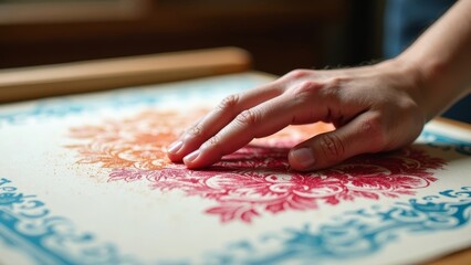 Hand Pressing a Colorful Fabric Printing Block with Unpressed Areas and Copyspace