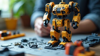 Assembling a Robot Model Kit: Close-Up of Hand Focusing on Detail with Copyspace