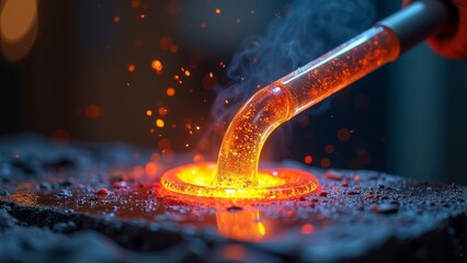 Artistic glassblowing process with molten glass pouring from a pipe into a glowing circular base