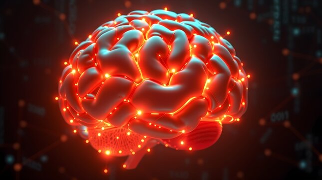 High-resolution stock photo A 3D rendered AI brain with interconnected neural network lines and glowing nodes in rich burgundy and deep blue. 