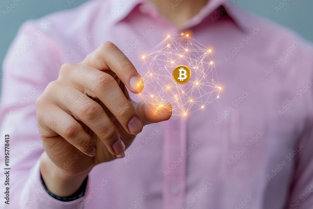 Poster man holding digital bitcoin symbol with network connection in hand