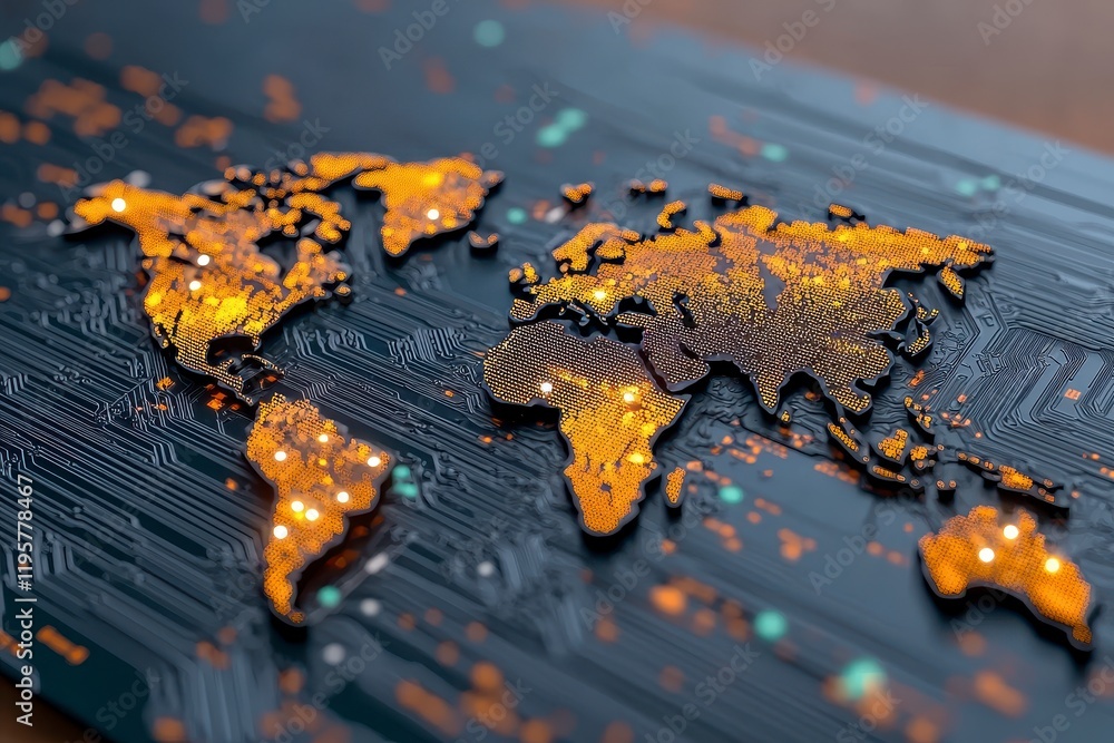 Poster Digital World Map Composition with Technology Circuit Background Design