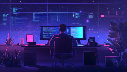 Nighttime coding and holograms with a man in an office focused on programming, future technologies, and software development. Big data, networking, and cloud computing with a male programmer coding
