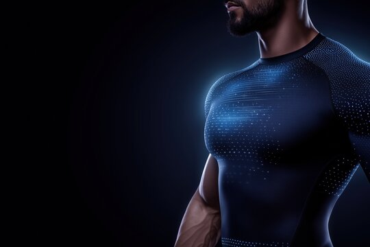Male athlete in a high-tech compression shirt with futuristic lighting on a dark background. Sportswear technology concept.