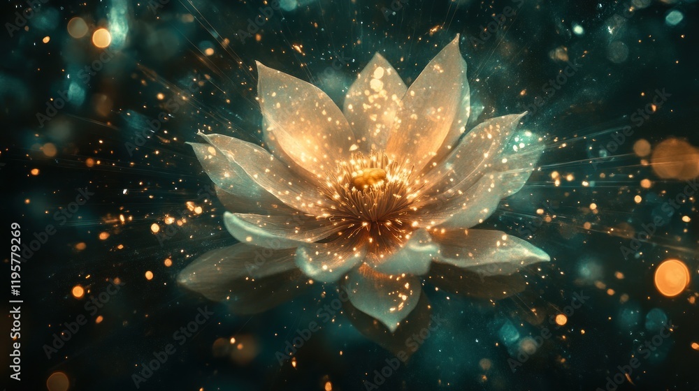 Poster glowing lotus flower surrounded by shimmering particles in a mystical setting