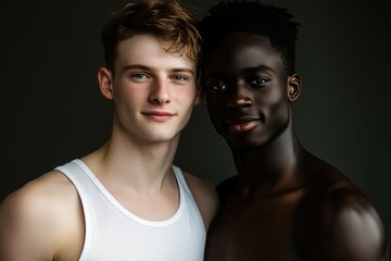 Obraz premium Color studio shot of a gay couple laughing affectionately.