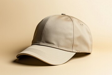 Beige baseball cap on a plain background with soft shadows. Casual headwear product branding.