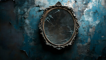 Old ornate mirror with a cracked frame on a shadowy background, evoking a horror theme