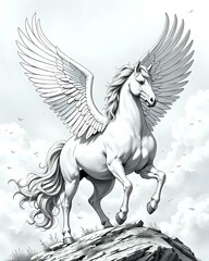 dessin d'un pégase fait uniquement avec des traits faits au feutre noir