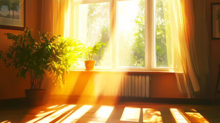 Bright room with sunlight streaming through window , sunlight, bright, room, window, daylight, interior, sunshine, natural. Brightfern. Illustration