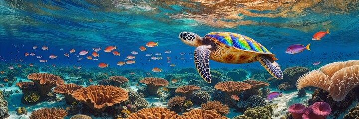 Obraz premium Colorful sea turtle swims among vibrant coral reef and tropical fish in clear waters