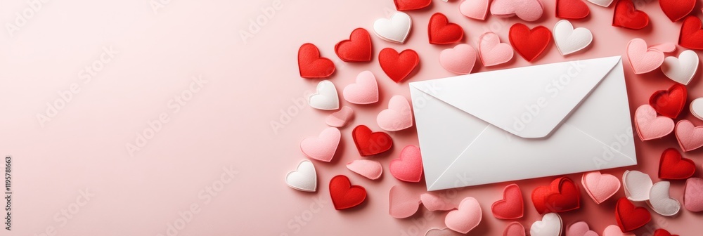 Poster white envelope resting on a pink background, surrounded by colorful hearts, creating a romantic vibe