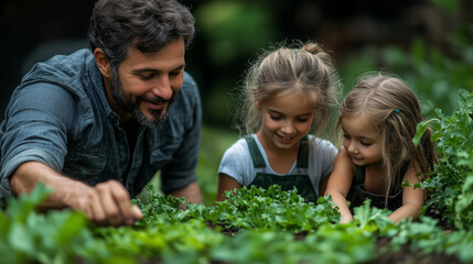 An eco-conscious family gardening together, planting vegetables in their backyard. Bright lighting, contrast