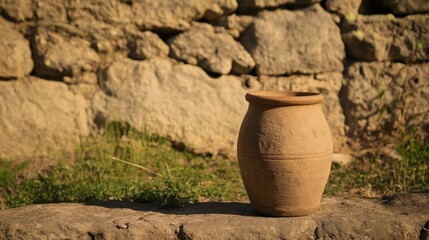 Fototapeta premium Clay pot sits on a stone near a stone wall.