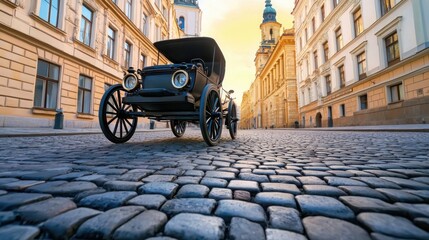 A vintage black horse-drawn carriage making its way through the cobblestone streets of a historic European city