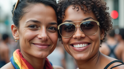 Smiling latino american lesbian women at urban