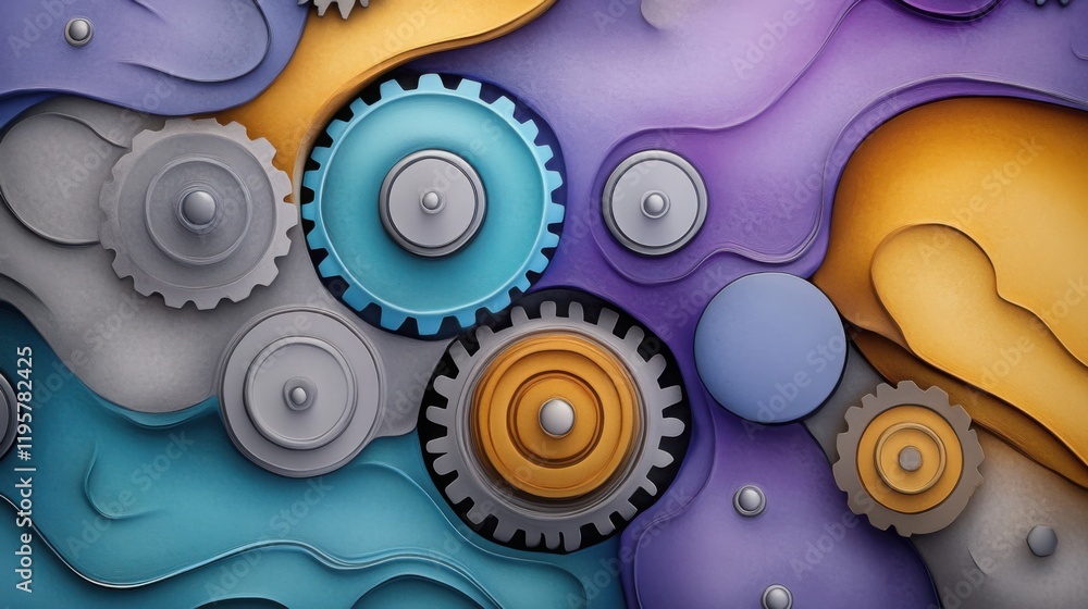 Poster abstract clockwork with gears and cogs melting into colorful liquid patterns