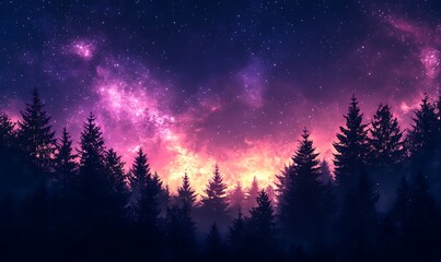 Fototapeta premium Pink and Violet Starry Sky Over a Forest Silhouette, High-Definition Phone Wallpaper
