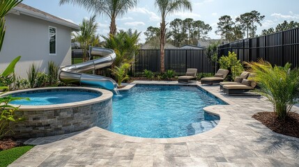 Luxury Backyard Oasis: Swimming Pool with Waterfall and Slide
