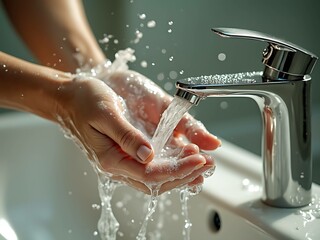 A person washing hands under running water.