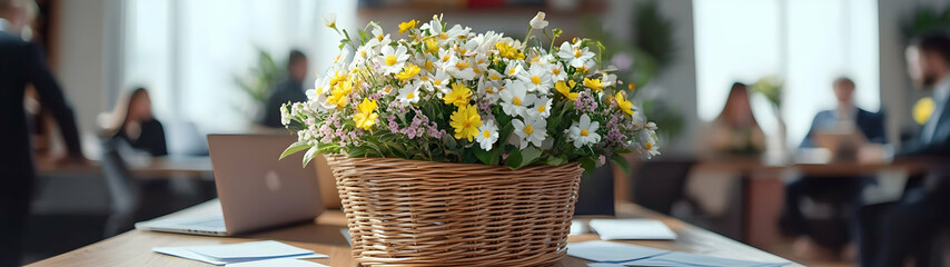 Basket full of spring flowers on the business office desk with laptops, papers and businessmen in the background. Concept of spring coming in business environment.