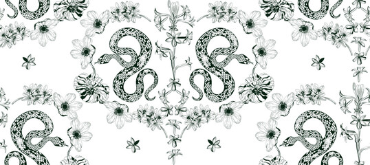 Seamless pattern with green decorative snakes and floral design on a transparent background, creating a unique and artistic design.	