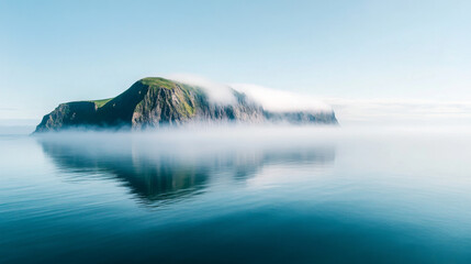 Serene island shrouded in mist reflects in calm ocean waters at dawn