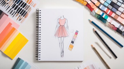 Fashion designer drawing dress sketch on spiral notebook surrounded by color palettes, pencils, and fabric samples on white desk, creating new clothing design