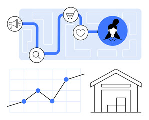 Fototapeta premium Pathway connects marketing, shopping, and customer icons. Includes line graph and warehouse. Ideal for customer experience, analytics, e-commerce, warehousing, business strategy marketing abstract