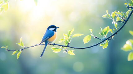 Obraz premium Colorful bird perched on a branch in a bright spring setting
