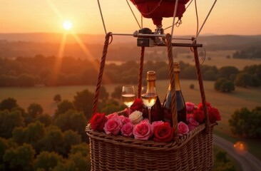 hot air balloon with roses, champagne and glasses, close up view