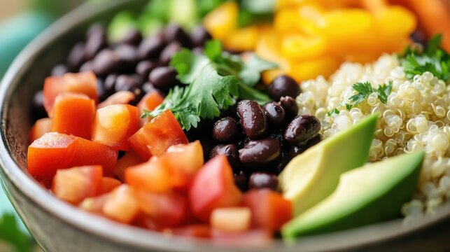 A close-up of a vegan protein bowl, featuring quinoa, black beans