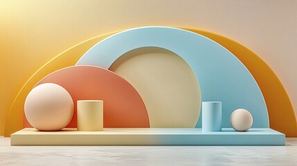 Fototapeta premium Abstract Pastel Shapes: A minimalist and modern composition featuring soft pastel-colored geometric shapes with an arched motif against a neutral background.