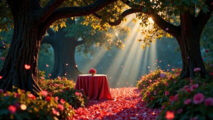 A meadow full of heart-shaped flowers blooming under a pink sky