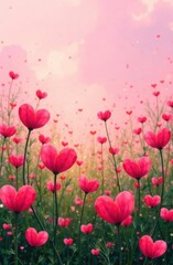 A meadow full of heart-shaped flowers blooming under a pink sky