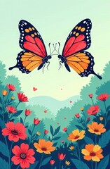 A pair of butterflies, flying together over a colorful garden