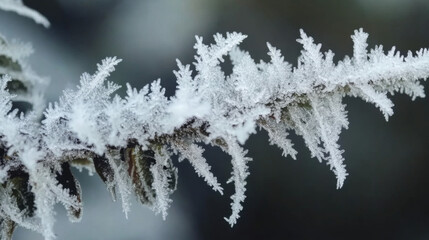 Frost-covered branches glisten in the early morning light during winter