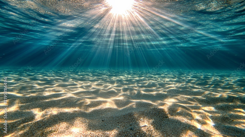 Poster sunbeams filtering through the clear ocean water illuminate a sandy seabed, creating a serene and tr