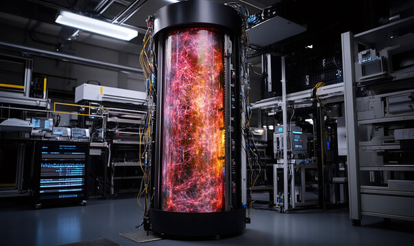 Quantum computing lab with vibrant glowing components