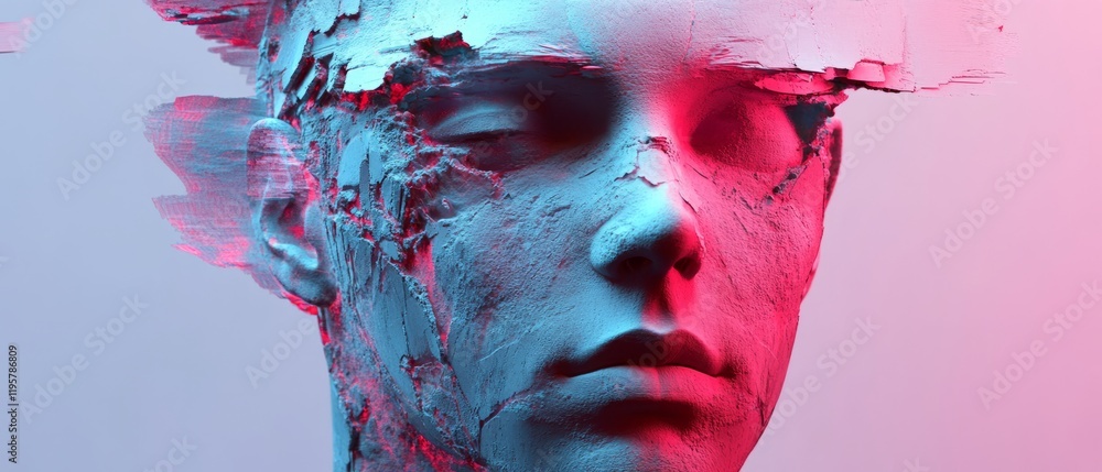Poster fragmented digital face with glitch effects in vibrant colors reflecting distortion and errors