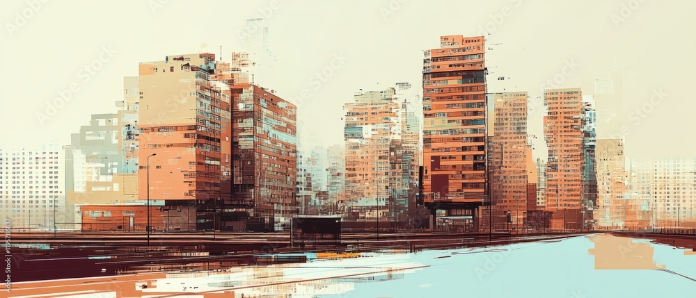 Poster distorted urban landscape showcasing glitch architecture with warped buildings and digital errors