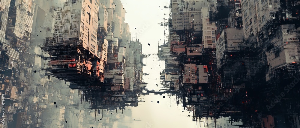 Poster urban landscape transformed by glitch architecture showcasing warped buildings and digital errors