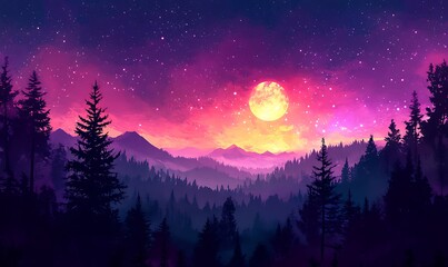 Naklejka premium Cosmic Violet and Pink Starry Sky Over Silhouette Forest Landscape, HD Phone Wallpaper