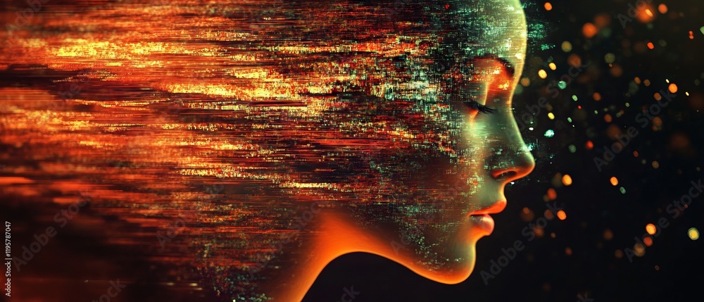 Poster glitch art composition featuring a woman's profile with dynamic abstract elements and digital fragme