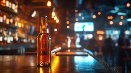 Amber beer bottle on bar counter, dimly lit pub, blurred patrons