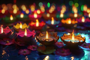 Colorful diya lamps lit during diwali celebration